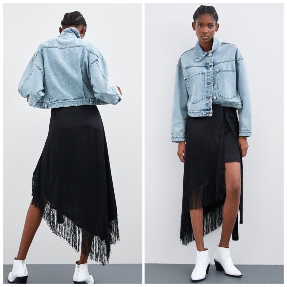 Zara Satin Effect Fringe Black Pareo Skirt